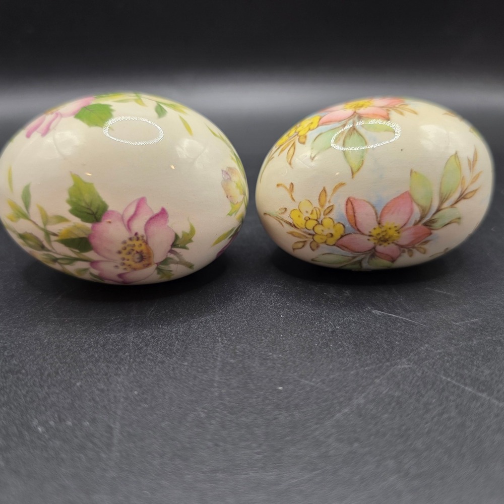 The Egg Lady Vintage Hand Painted Floral Ceramic Eggs Set of 2 Ivory Pink Yellow - Picture 4 of 9